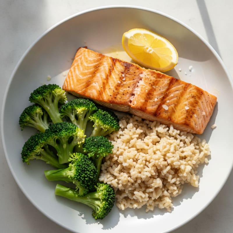 Seared Salmon with Steamed Broccoli and Brown Rice