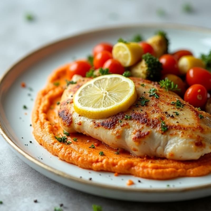 Lemon-Herb Chicken with Roasted Red Pepper Hummus and Crispy Roasted Vegetables