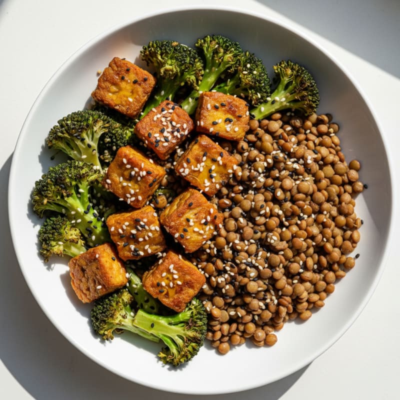 Crispy Tempeh and Lentil Power Bowl with Roasted Broccoli