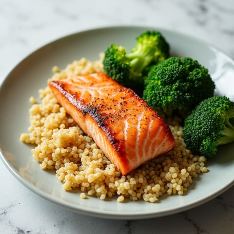 Seared Salmon with Steamed Broccoli and Quinoa