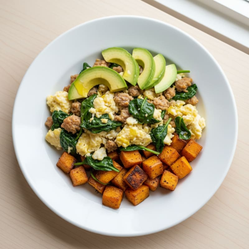 Egg White and Turkey Sausage Scramble with Spinach and Roasted Sweet Potatoes
