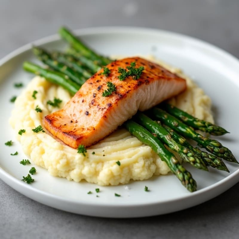 Seared Salmon with Roasted Asparagus and Cauliflower Mash