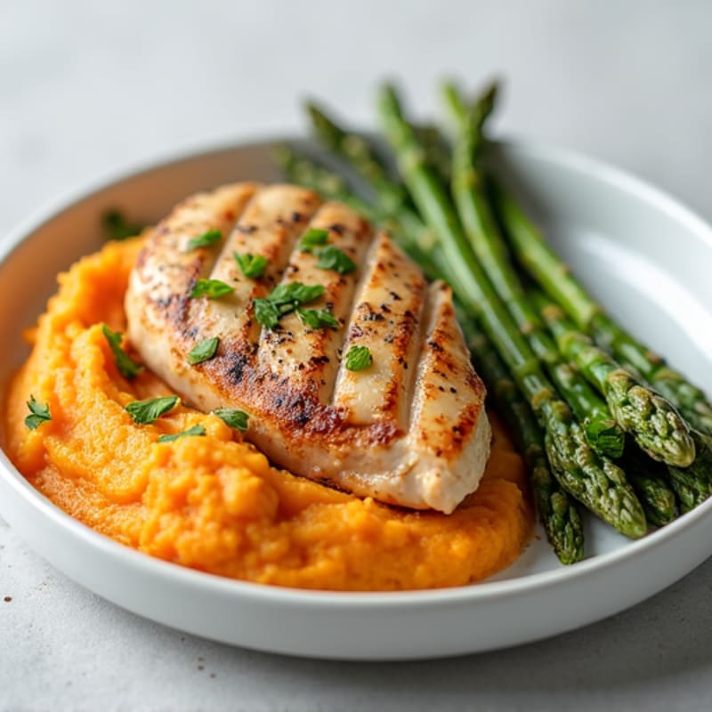 Seared Chicken Breast with Roasted Asparagus and Sweet Potato Mash
