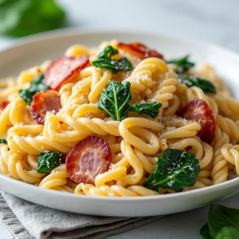 Creamy Whole Wheat Pasta with Lean Turkey Bacon, Egg, and Spinach
