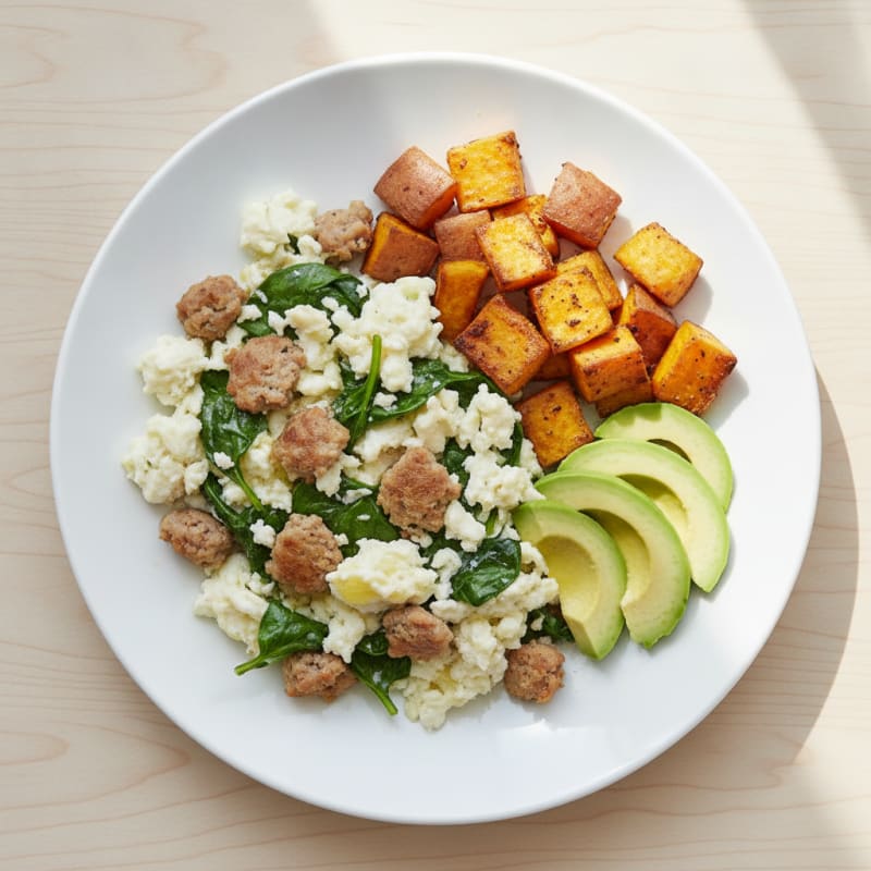 Egg White Scramble with Turkey Sausage and Spinach