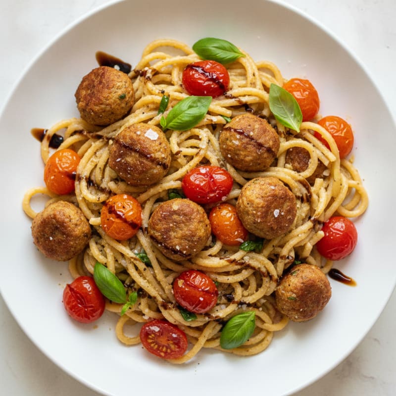 Hearty Vegan Meatball Spaghetti with Burst Tomatoes