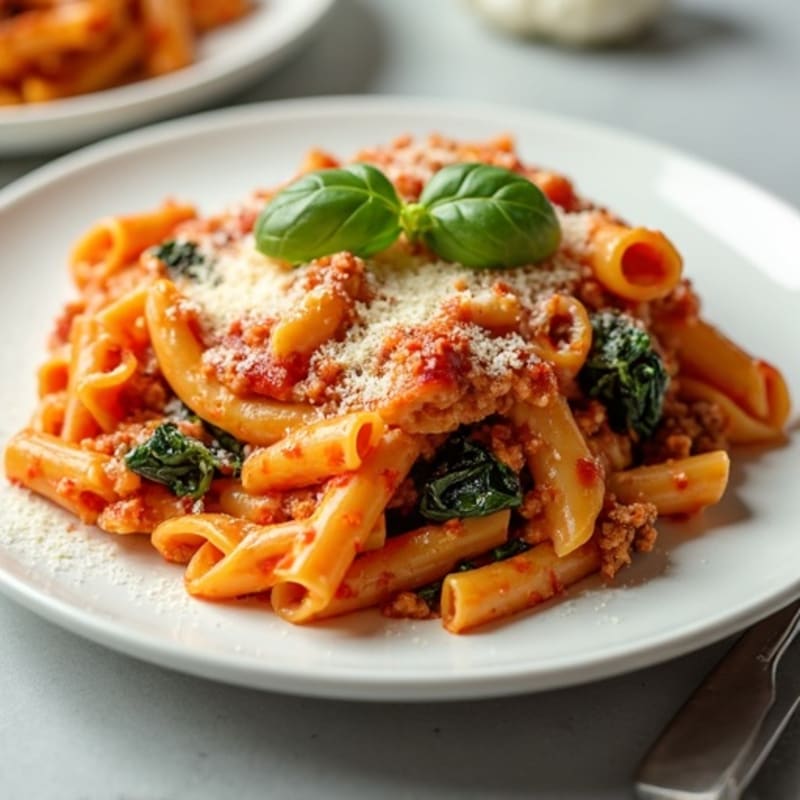 Lean Ground Turkey Baked Ziti with Creamy Ricotta and Spinach