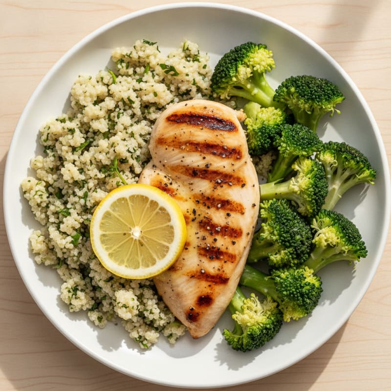 Grilled Chicken Breast with Quinoa and Steamed Broccoli