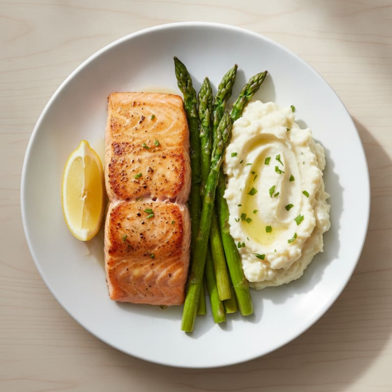 Seared Salmon with Roasted Asparagus and Garlic Mashed Cauliflower