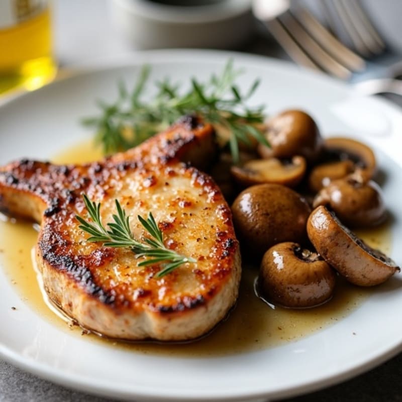 Tender Pan-Seared Thin Pork Chops with Sautéed Garlicky Mushrooms
