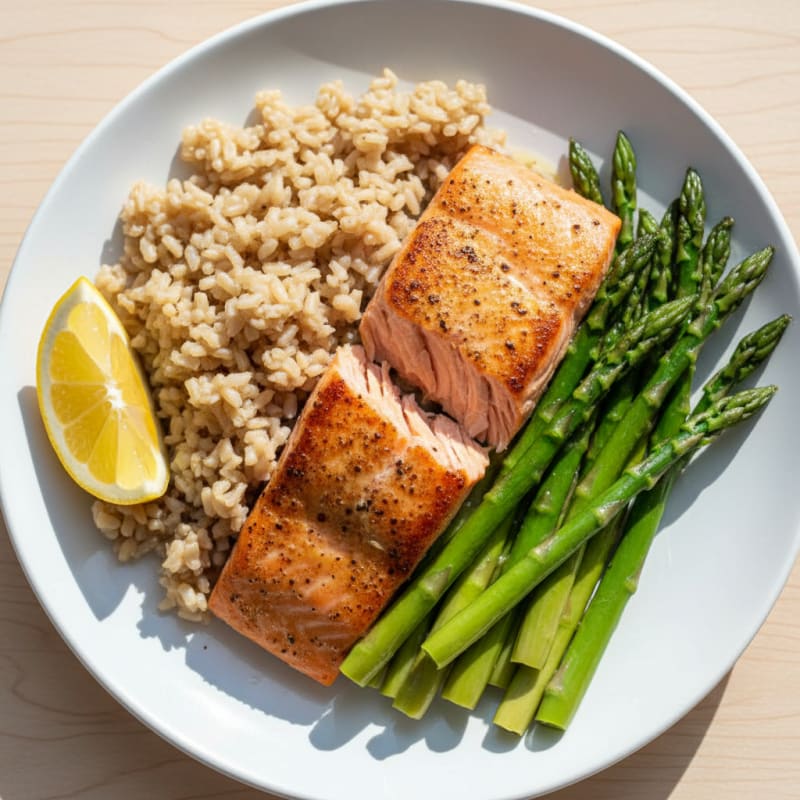 Seared Salmon with Steamed Asparagus and Brown Rice