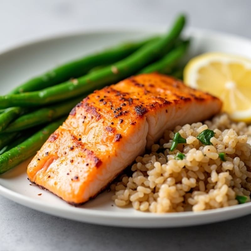 Seared Salmon Fillet with Steamed Green Beans and Brown Rice