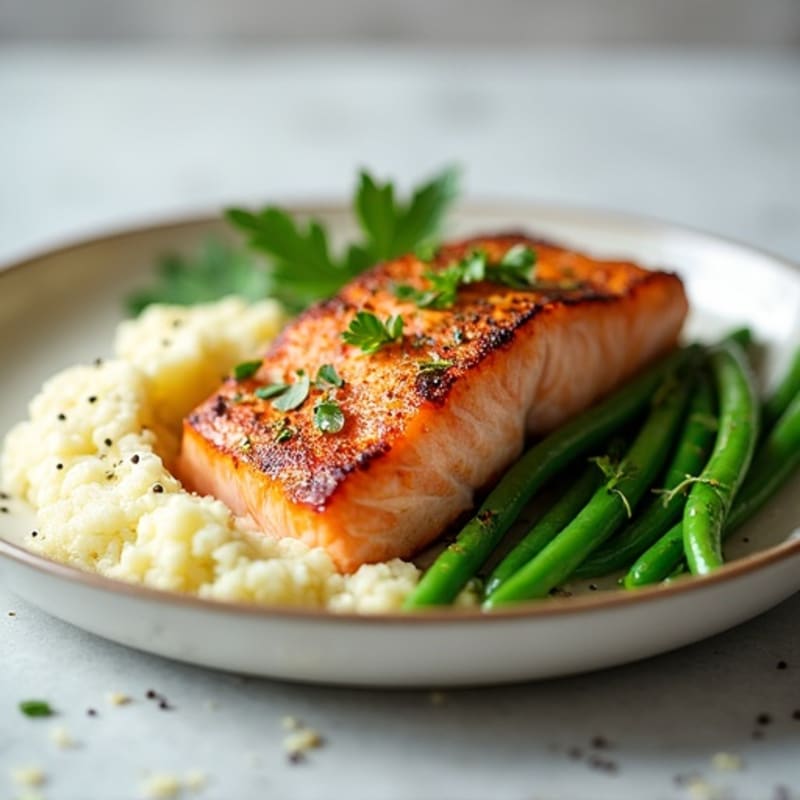 Seared Salmon with Garlic Green Beans and Cauliflower Mash