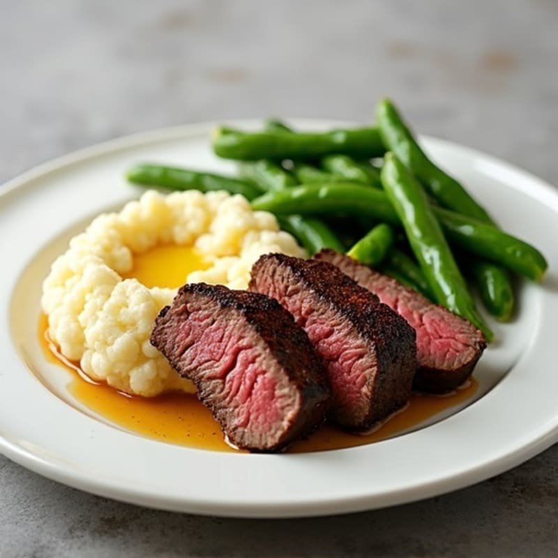 Seared Lean Beef Strips with Steamed Green Beans and Cauliflower Mash