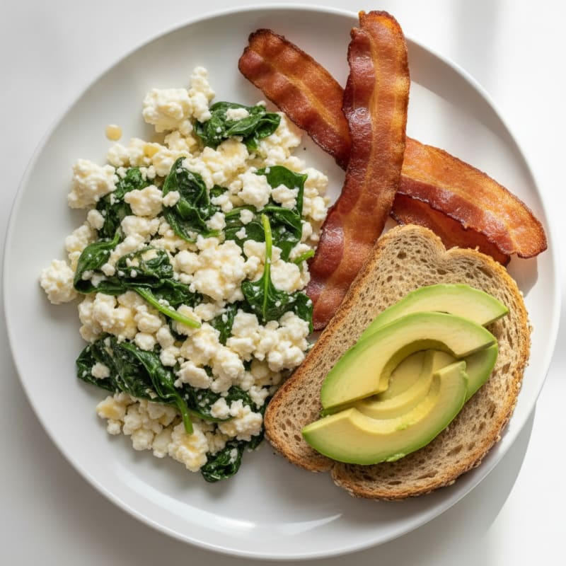 Cottage Cheese Egg White Scramble with Spinach and Turkey Bacon