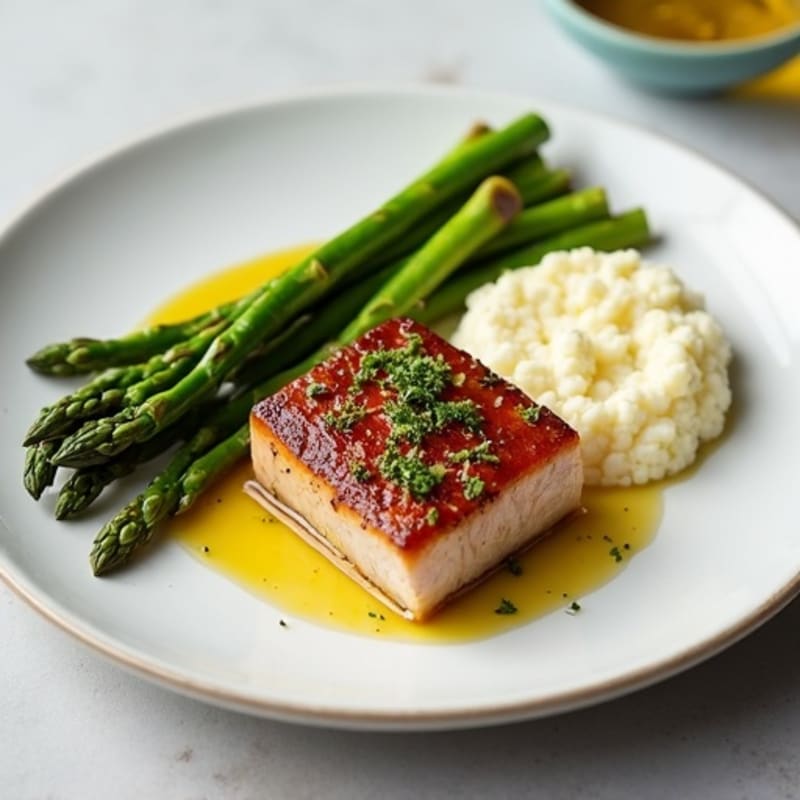 Seared Tuna Steak with Steamed Asparagus and Cauliflower Mash