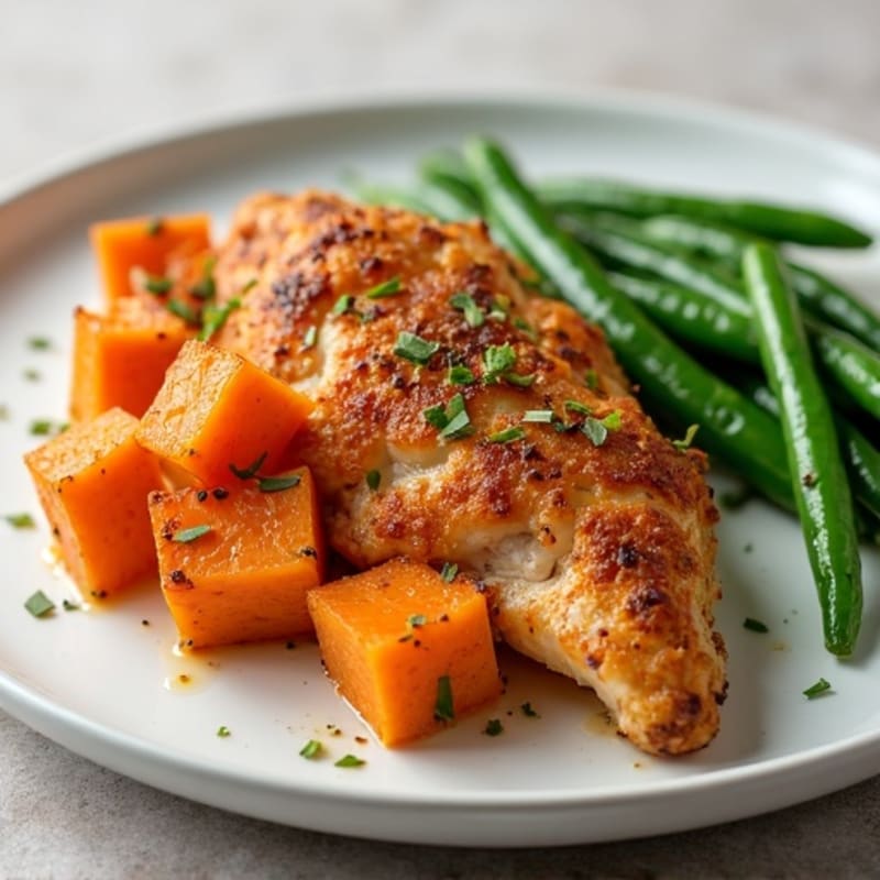 Crispy Baked Chicken with Roasted Sweet Potatoes and Green Beans