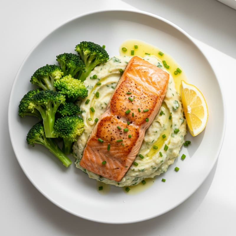 Seared Salmon Fillet with Steamed Broccoli and Herb Cauliflower Mash