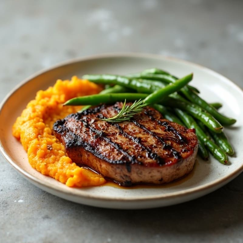 Seared Sirloin Steak with Garlic Green Beans and Sweet Potato Mash