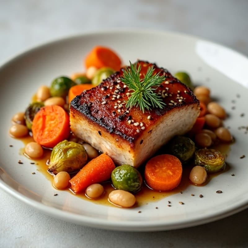 Slow-Braised Pork Belly with Crispy Roasted Vegetables