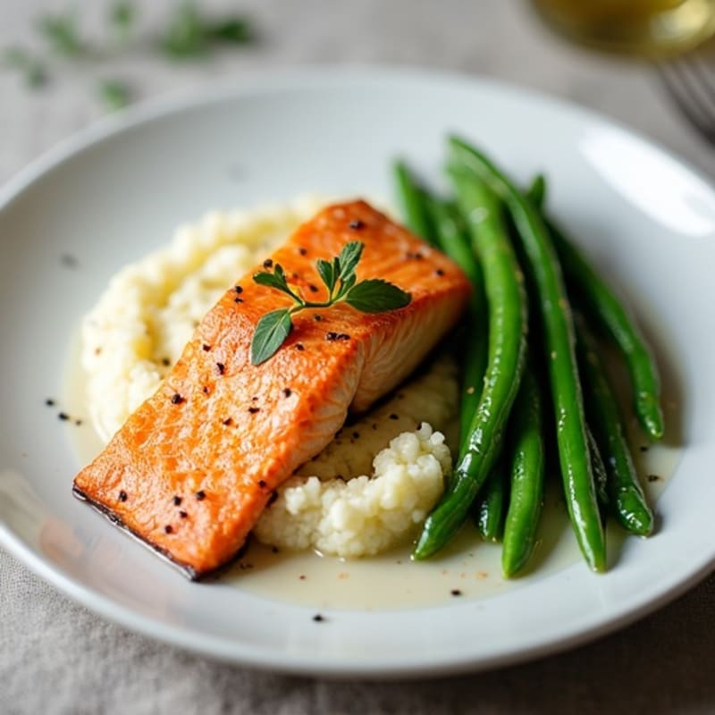 Seared Salmon with Garlic Green Beans and Cauliflower Mash