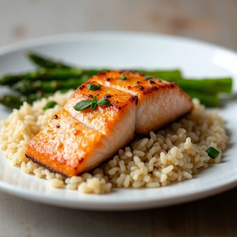 Seared Salmon with Steamed Asparagus and Brown Rice