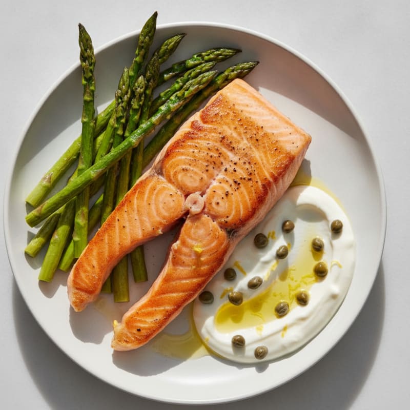 Seared Salmon with Roasted Asparagus and Lemon Caper Yogurt Sauce