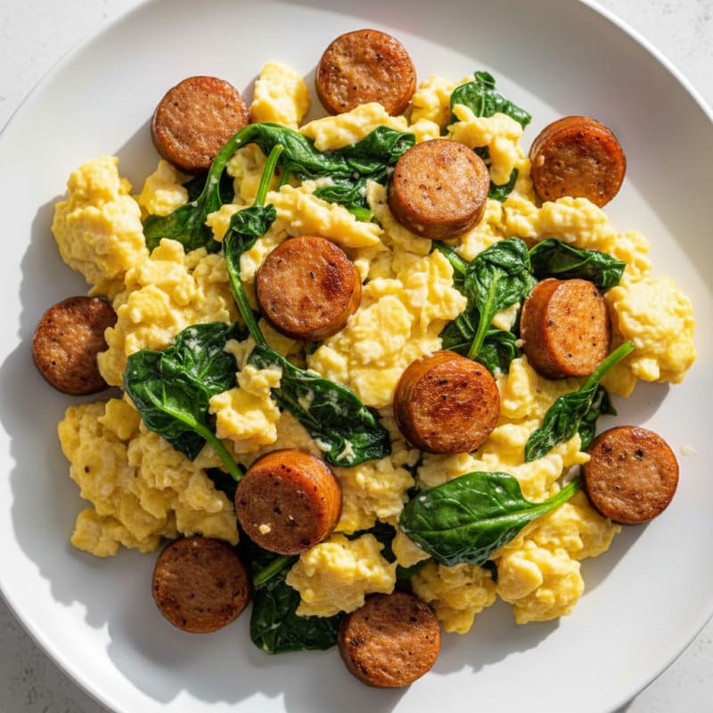 Scrambled Eggs with Chicken Sausage and Sautéed Spinach