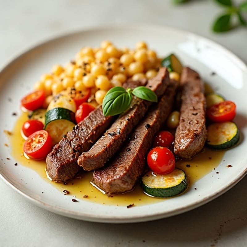 Seared Beef Strips with Roasted Vegetables and Chickpea Pasta