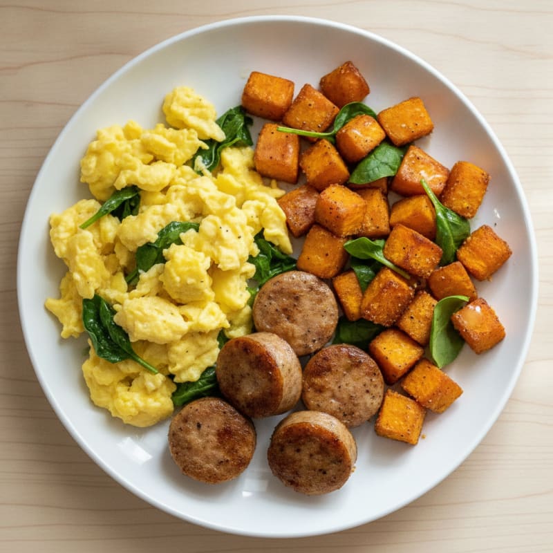 Scrambled Eggs with Chicken Sausage and Roasted Sweet Potato