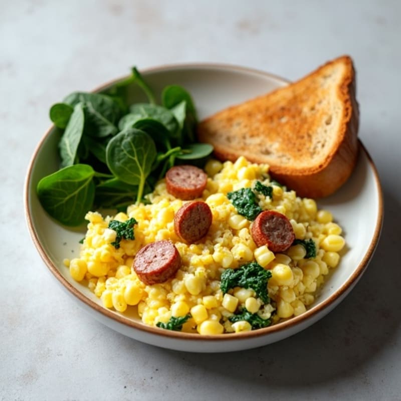 Cottage Cheese Scramble with Turkey Sausage and Spinach