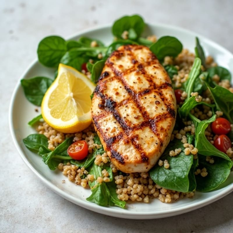 Grilled Chicken Breast with Crisp Greens and Quinoa