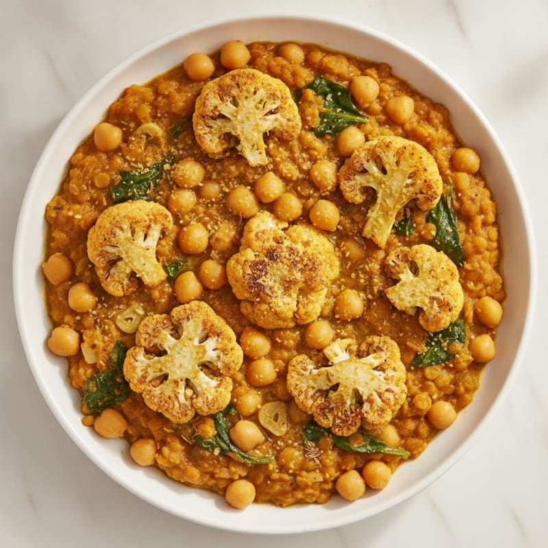 Lentil and Chickpea Stew with Roasted Cauliflower