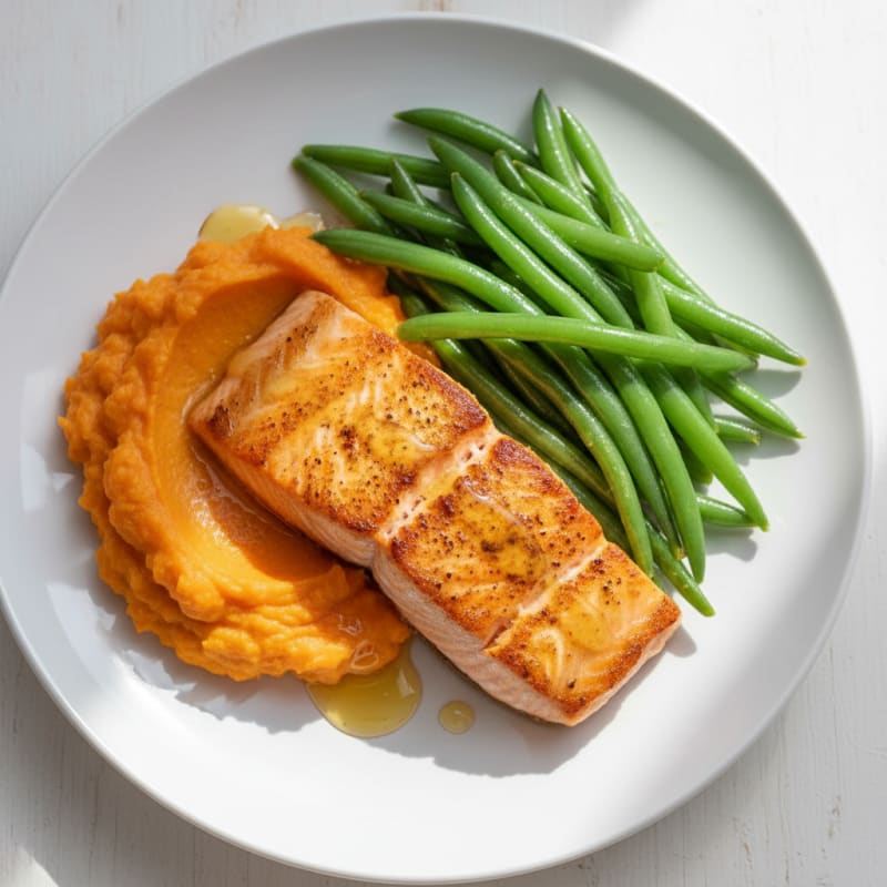 Seared Salmon Filet with Steamed Green Beans and Sweet Potato Mash