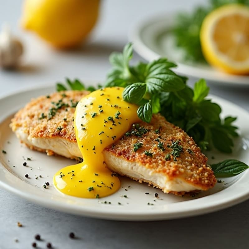 Herb-Crusted Pan Seared Chicken with Lemon Garlic Sauce
