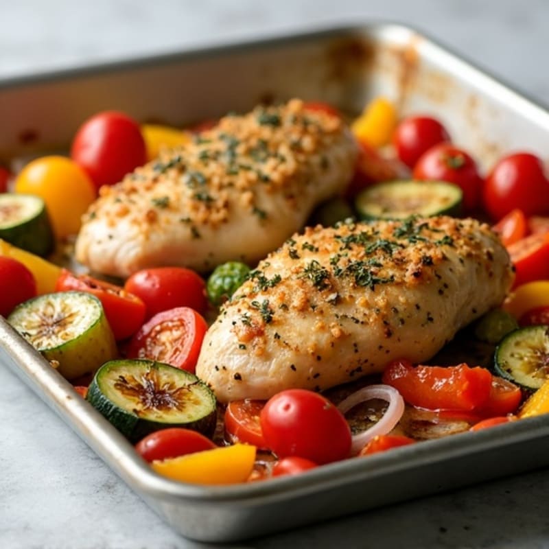 Herb-Crusted Sheet Pan Chicken with Roasted Rainbow Vegetables