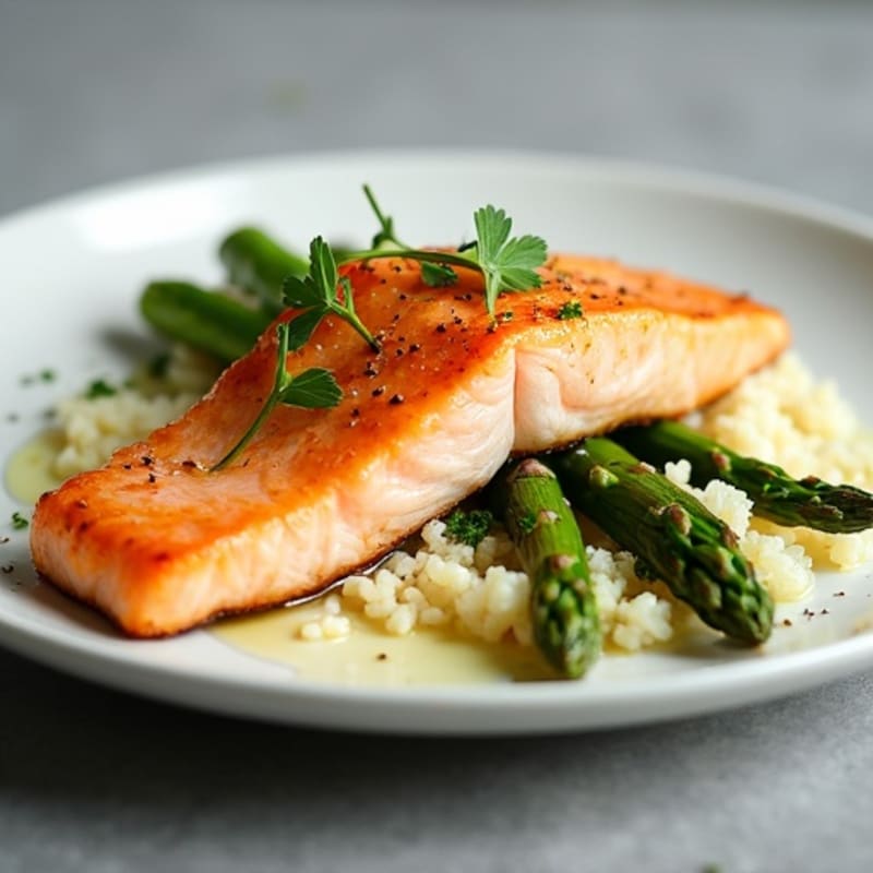 Seared Salmon with Steamed Asparagus and Cauliflower Rice