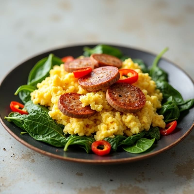 Fluffy Egg and Spinach Scramble with Lean Turkey Sausage