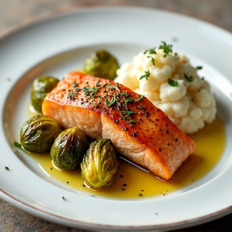 Seared Salmon Fillet with Roasted Brussels Sprouts and Cauliflower Mash