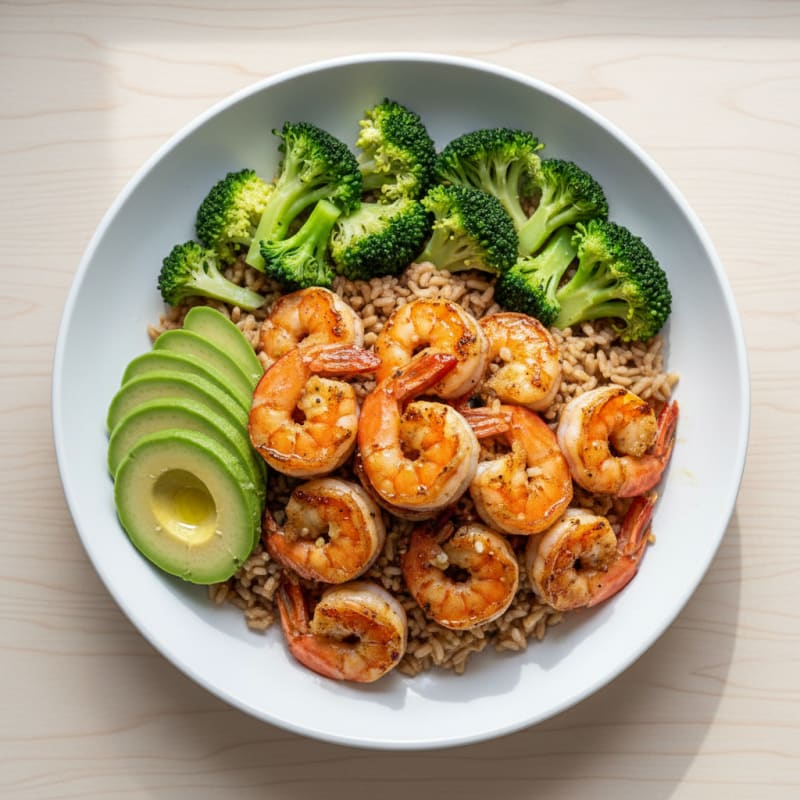 Grilled Shrimp and Brown Rice Bowl with Steamed Broccoli