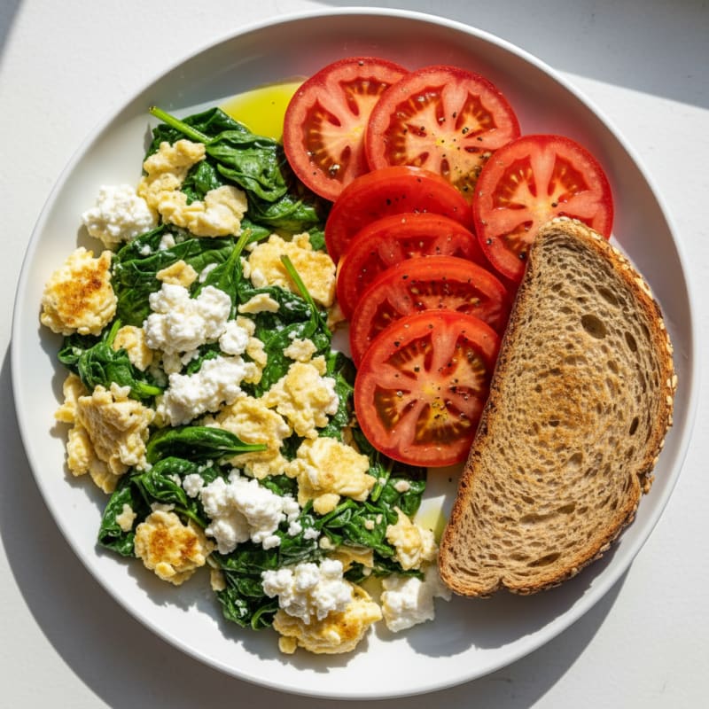 Egg White Spinach Scramble with Cottage Cheese and Sliced Tomatoes