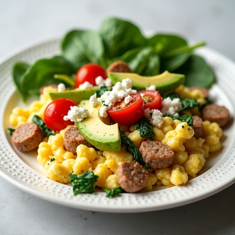Egg White and Turkey Sausage Scramble with Spinach and Cherry Tomatoes