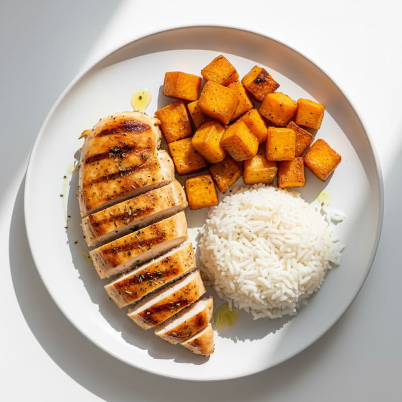 Grilled Chicken Breast with Roasted Sweet Potato and Steamed Rice