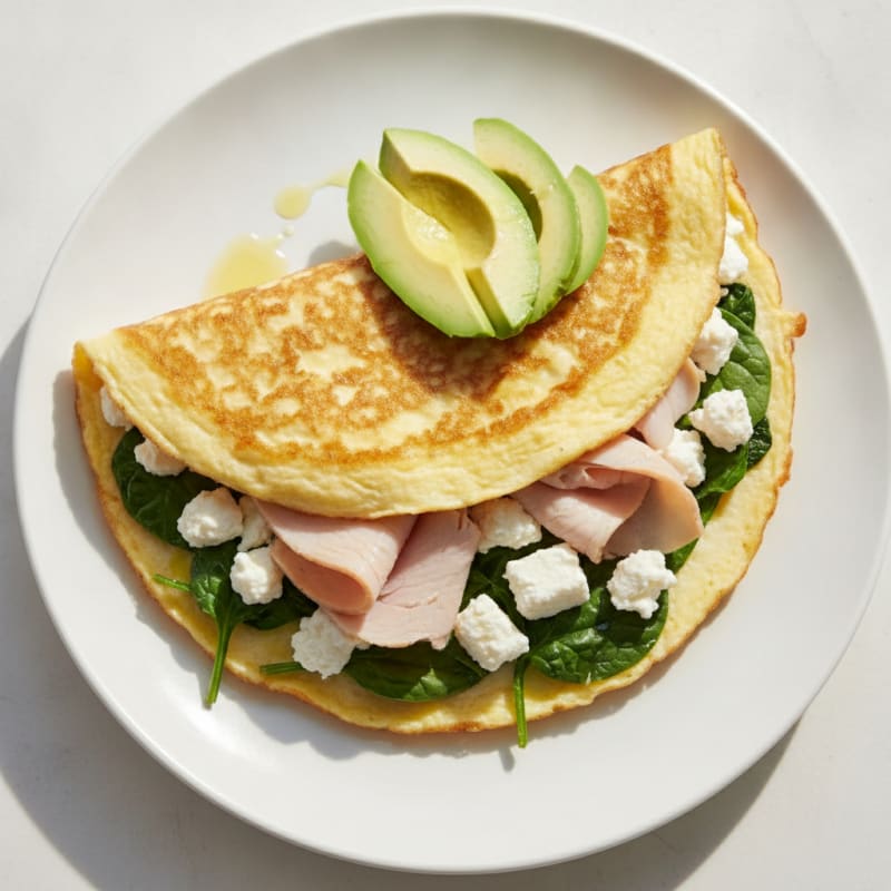 Egg White Spinach Omelette with Cottage Cheese and Sliced Turkey