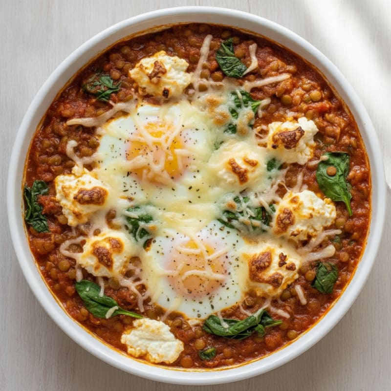 Baked Eggs with Lentils and Mozzarella