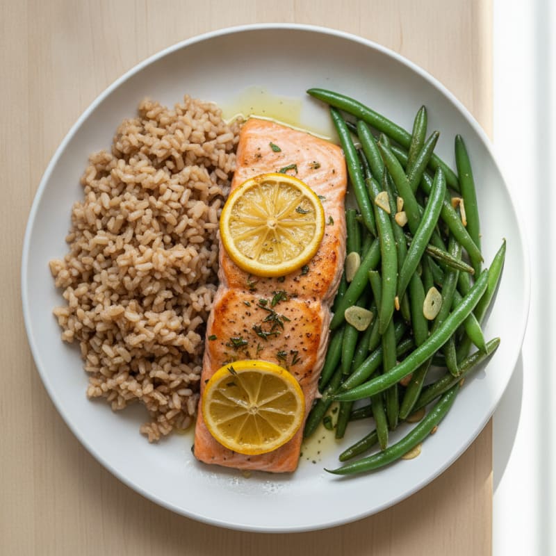 Baked Salmon with Garlic Green Beans and Brown Rice