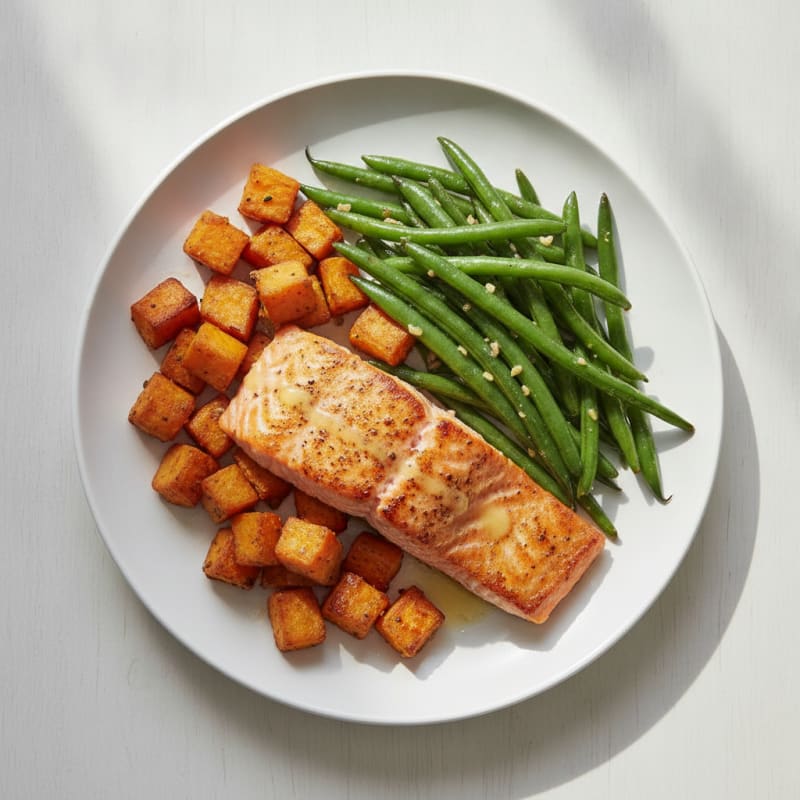 Seared Salmon with Roasted Sweet Potato and Sautéed Green Beans