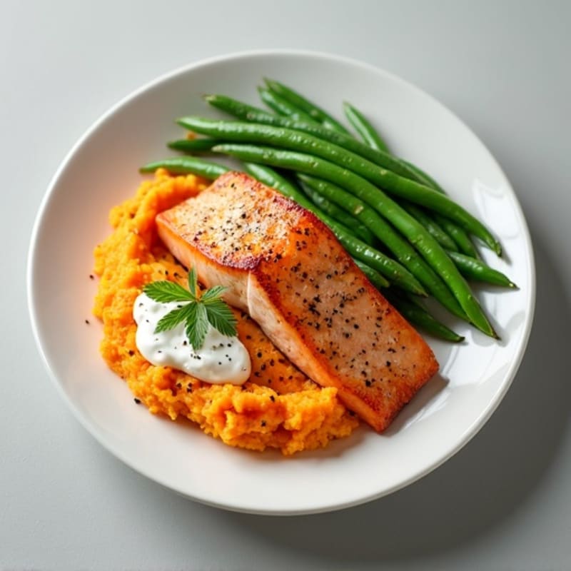 Seared Salmon with Garlic Green Beans and Sweet Potato Mash