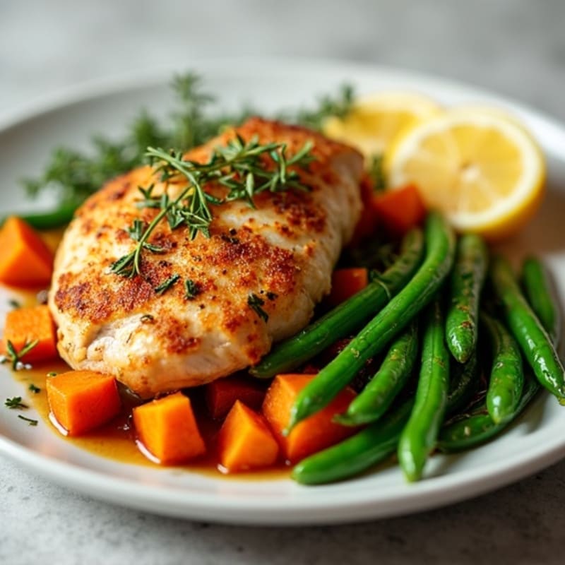 Crispy Lemon-Herb Roasted Chicken with Roasted Sweet Potatoes and Green Beans