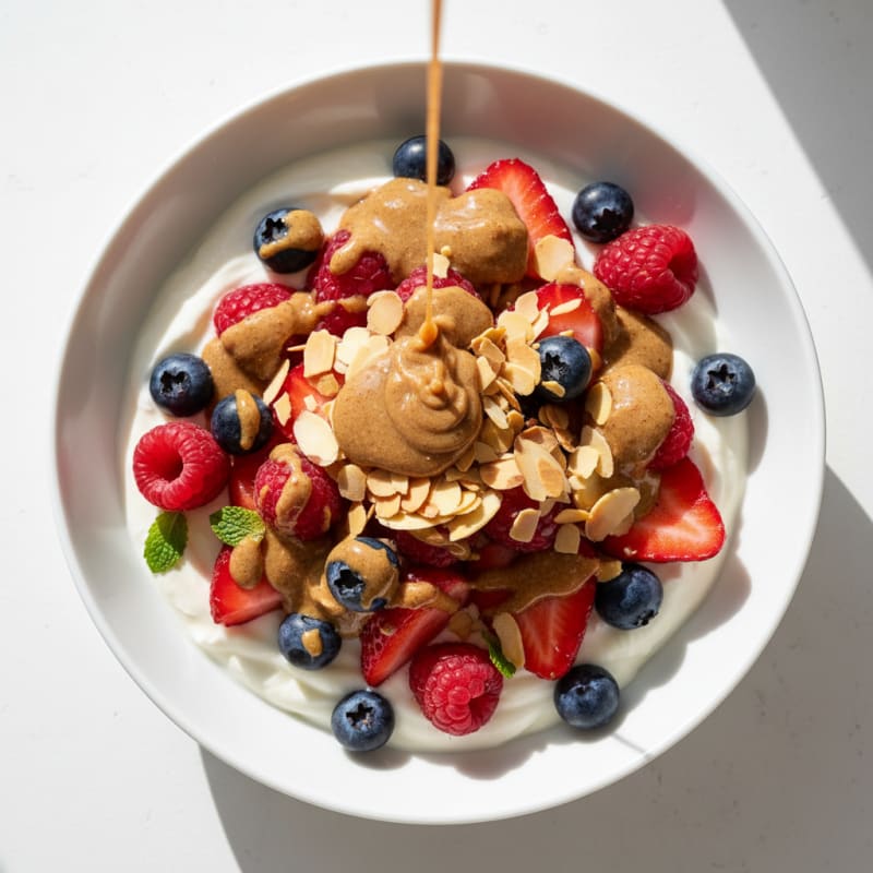 Greek Yogurt Protein Parfait with Mixed Berries and Almond Butter